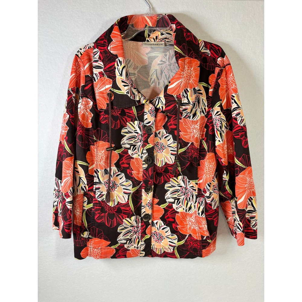 Sag Harbor Womens XL Orange Floral Button Front Cotton Blend Jacket Tropical